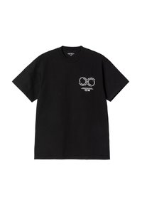 Camiseta negra de algodón de manga corta con un diseño gráfico en la parte delantera que incluye texto y formas en blanco, escote redondo y corte relajado.