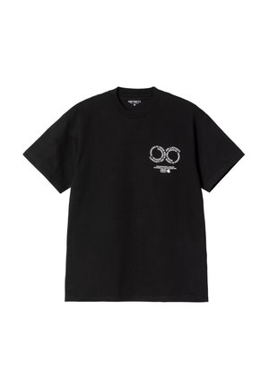 Camiseta negra de algodón de manga corta con un diseño gráfico en la parte delantera que incluye texto y formas en blanco, escote redondo y corte relajado.