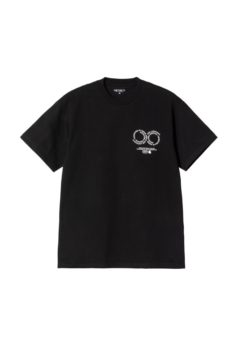 Camiseta negra de algodón de manga corta con un diseño gráfico en la parte delantera que incluye texto y formas en blanco, escote redondo y corte relajado.