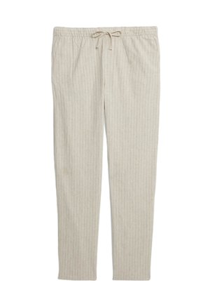 Pantalones de color beige claro con rayas verticales, cinturilla elástica y cordón. Fabricados en una tela suave, con un corte relajado y piernas ajustadas.