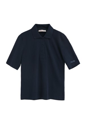 Granatowa koszulka polo wykonana z bawełny, z klasycznym kołnierzykiem, trzema guzikami i haftowanym napisem na rękawie. Krótkie rękawy i luźny krój.