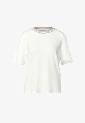 Witte katoenen T-shirt met korte mouwen, ronde hals en een contrasterende lichtgrijze gestreepte accent rond de kraag. Gladde textuur.