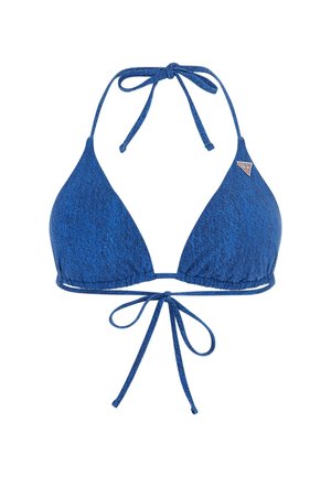 Blue triangle bikini top with textured fabric, adjustable halter neck and back ties, features a small logo accent on the left side.