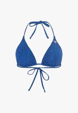 Blå triangulär bikiniöverdel i texturerad tyg, justerbar halter-nacke och bakband, har en liten logotypdetalj på vänster sida.