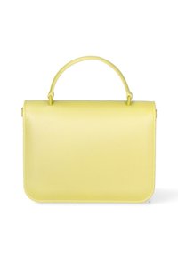 Borsa a tracolla in pelle gialla con forma strutturata, fronte piatto e manico arrotondato; texture liscia e dettagli hardware minimi.