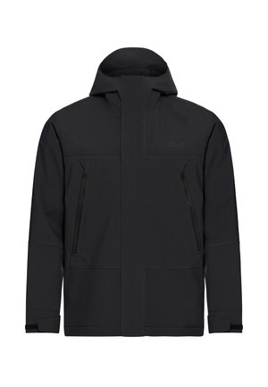 Schwarze wasserdichte Jacke mit hohem Kragen, verstellbarer Kapuze und zwei seitlichen Reißverschlusstaschen. Verfügt über eine glatte, matte Oberfläche und ein minimalistisches Design.