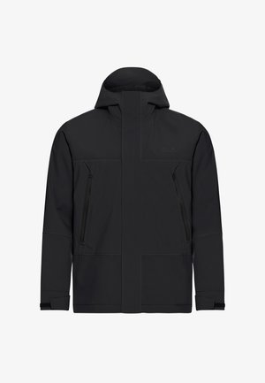 Schwarze wasserdichte Jacke mit hohem Kragen, verstellbarer Kapuze und zwei seitlichen Reißverschlusstaschen. Verfügt über eine glatte, matte Oberfläche und ein minimalistisches Design.