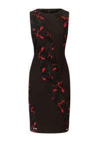 Abito nero con pannelli in pizzo che presentano motivi floreali rossi. Design senza maniche, aderente, con chiusura con cerniera sul retro e orlo curvo.