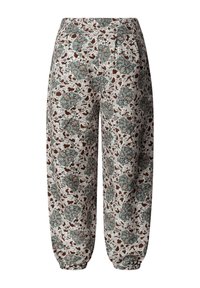 Luźne spodnie z elastycznymi mankietami, zdobione szczegółowym wzorem kwiatowym w kolorach zielonym, brązowym i beżowym na jasnym tle.