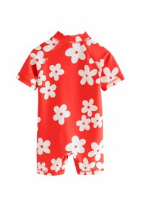Roter, kurzärmliger Neoprenanzug mit weißen Blumenmustern. Hergestellt aus dehnbarem Material, mit verstärkten Nähten und einem hohen Kragen.