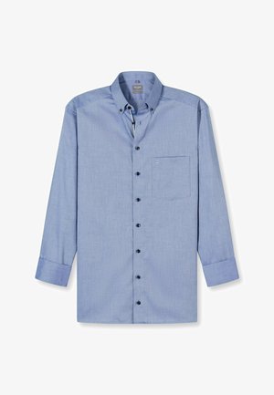 Helleblaue Hemdbluse mit langen Ärmeln, Brusttasche und schwarzen Knöpfen. Aus einem strukturierten Stoff mit dezentem Muster gefertigt.