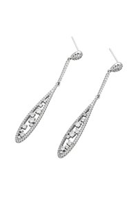 Strieborné zaväzovacie náušnice v tvare slzy s viacerými priehľadnými drahokamami a prepracovanými detailmi pozdĺž dĺžky.