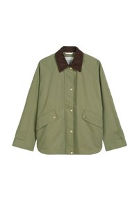 Olive green jacket made of fabric with a brown corduroy collar, snap buttons, and two front pockets with angled flaps.