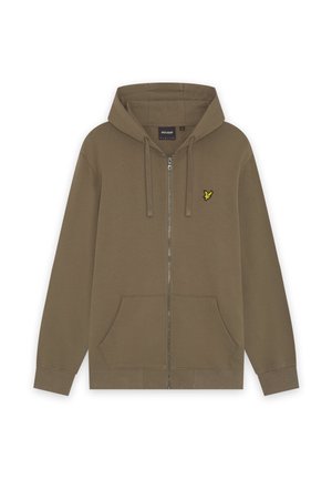 Brun hættetrøje med lynlås, forlommer, snoretræk i hætten og lille gul fuglelogo på venstre bryst.