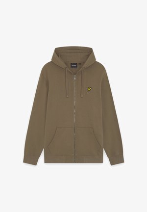 Brązowa bluza z kapturem na suwak, z przednimi kieszeniami, kapturem ze sznurkiem i małym żółtym logo ptaka na lewej piersi.