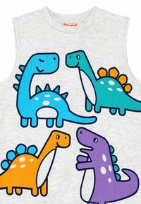Gray sleeveless shirt featuring colorful cartoon dinosaurs in blue, orange, purple, and green, with simple facial expressions and spiked backs.