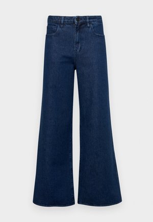 Tmavě modré široké džínsy s vysokým pasem, dvěma předními kapsami a zapínáním na knoflík, vyrobené z denimu s hladkou strukturou.