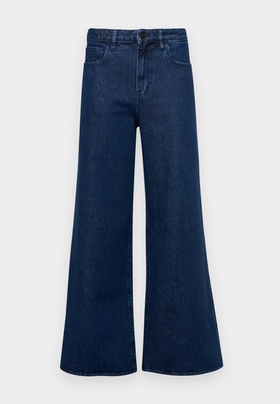 Tmavě modré široké džínsy s vysokým pasem, dvěma předními kapsami a zapínáním na knoflík, vyrobené z denimu s hladkou strukturou.