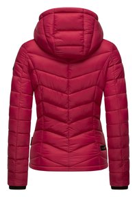 Red padded jacket featuring a chevron quilted design, a hood, and elastic cuffs. Material appears smooth with a glossy finish.
