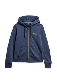 Marine zip-hoodie lavet af blødt materiale med foret hætte, prydet med et guld logo, to forlommer og ribbet manchetter og søm.