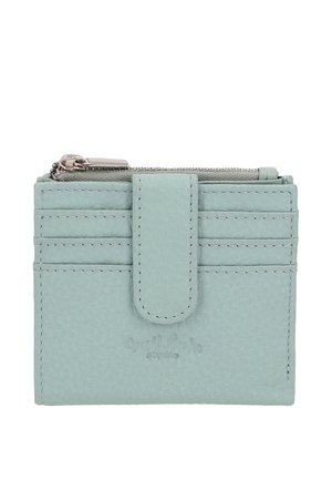 Lichtblauw gestructureerd leren portemonnee met meerdere kaartenhouders, een centrale drukknoopsluiting en een met rits afsluitbaar vak aan de bovenkant.