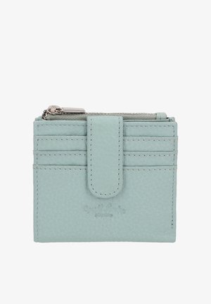 Lichtblauw gestructureerd leren portemonnee met meerdere kaartenhouders, een centrale drukknoopsluiting en een met rits afsluitbaar vak aan de bovenkant.