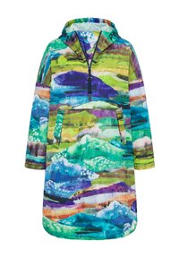 Kid's long-sleeve hooded pullover with front kangaroo pocket and half zipper, featuring multicolor abstract blue, green, purple, and orange pattern.