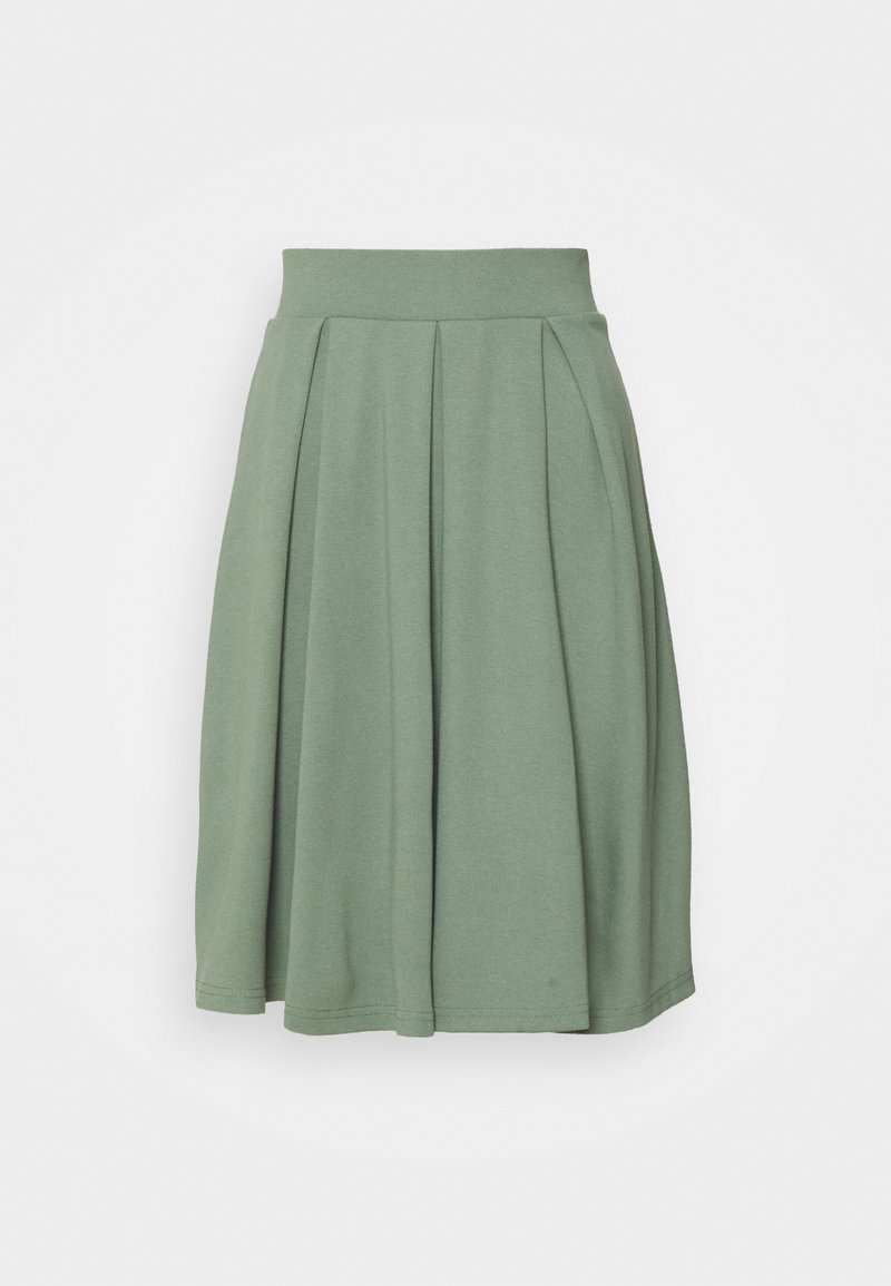 Pleated skirt in soft, stretchy green fabric with a wide waistband. Features a flowing silhouette and hemline that falls above the knee.