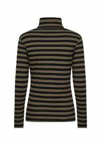 Long-sleeve turtleneck top featuring black and olive green horizontal stripes, ribbed texture, fitted design, and a high neck.