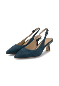 Zapatos slingback de ante azul marino con punta afilada, tacón bajo y correa ajustable con hebilla. Interior suave y material exterior texturizado.