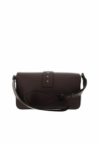 Sac bandoulière en cuir marron avec finition texturée, clous dorés sur le rabat et sangle réglable. Forme rectangulaire aux bords arrondis.