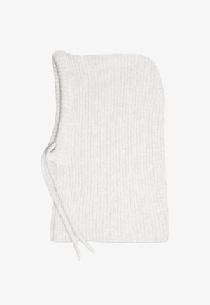 Szydełkowany biały kaptur o prążkowanej fakturze, z ręcznie regulowanymi sznurkami i miękkim, komfortowym krojem.