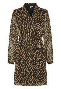 Robe portefeuille en tissu noir transparent avec un imprimé tigre tan audacieux. Présente des manches longues et bouffantes ainsi qu'une ceinture à nouer à la taille.
