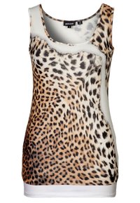 Top sin mangas para mujer con estampado de leopardo en el frente y parte trasera blanca, escote redondeado y etiqueta de la marca Just Cavalli en el cuello.