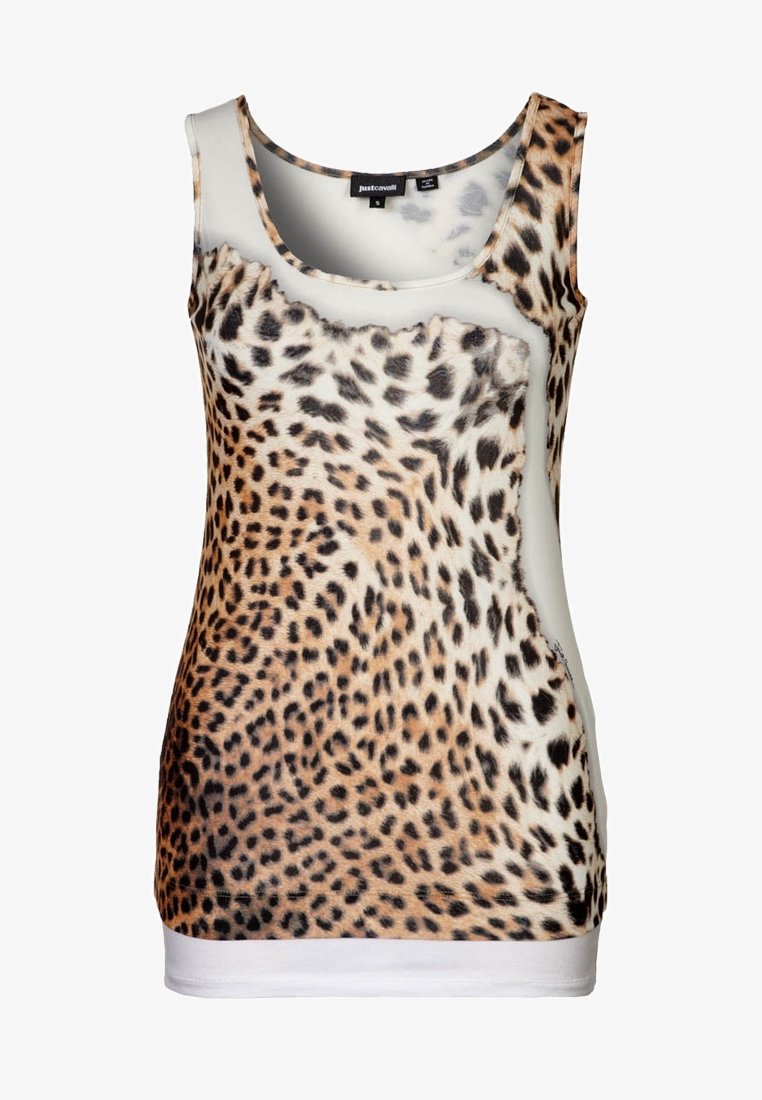 Mouwloos damesoverhemd met een luipaardprint aan de voorkant en een witte achterkant, scoop halslijn en Just Cavalli merklabel bij de kraag.