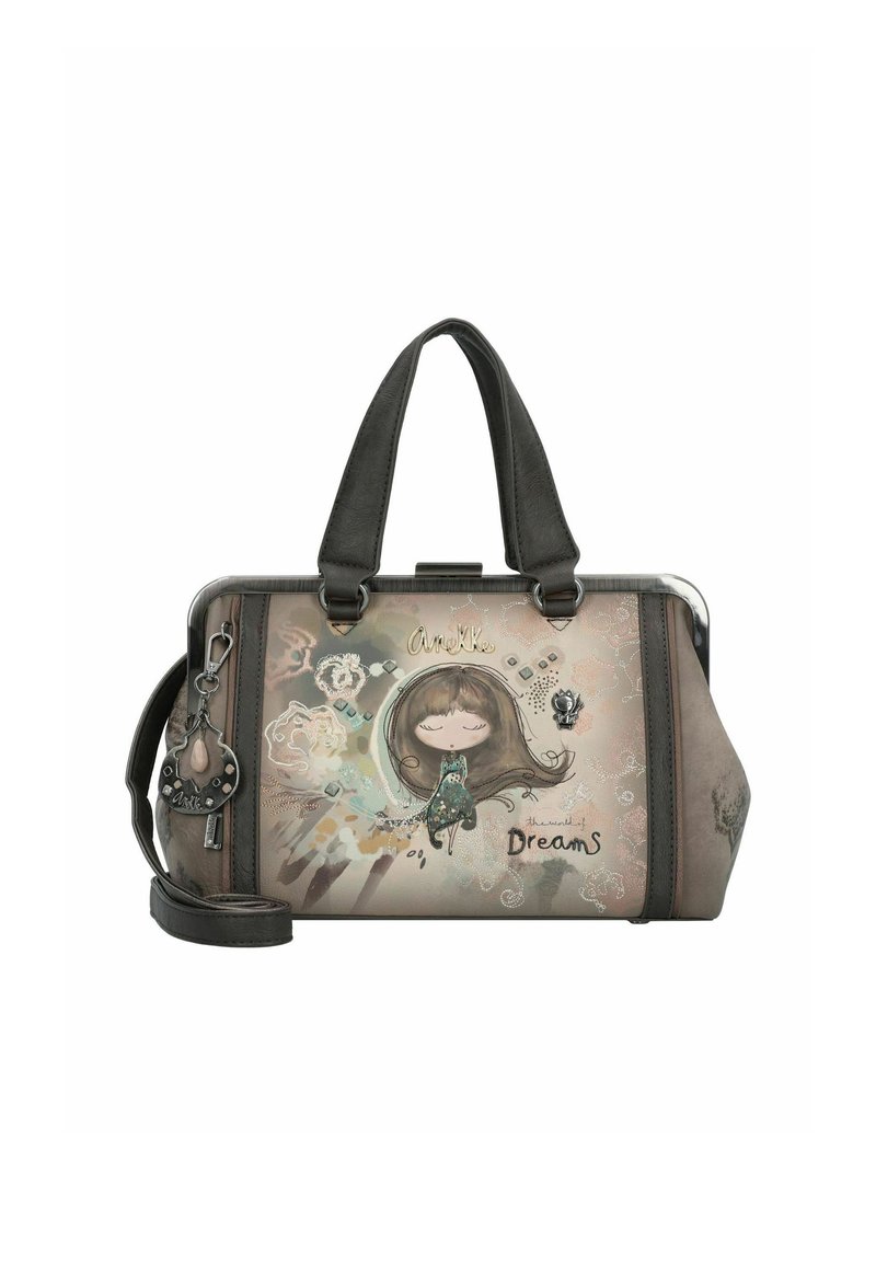 Sac à main en matériau synthétique gris, avec une illustration fantaisiste d'une fille. Comprend des poignées doubles, une bandoulière amovible et des charms décoratifs.