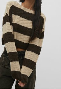 Brown and beige striped cropped sweater with a ribbed texture and long sleeves, paired with dark high-waisted pants.