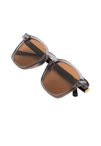 Occhiali da sole quadrati oversized e trasparenti con lenti marroni, montatura grigia e traslucida, e dettagli in metallo dorato sulle aste.