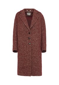 Lungo cappotto a motivo in tessuto herringbone bordeaux e crema. Presenta un ampio colletto, bottoni frontali e maniche a tre quarti.