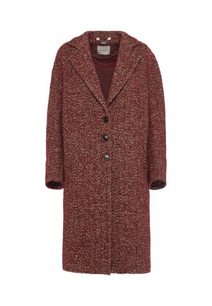 Lungo cappotto a motivo in tessuto herringbone bordeaux e crema. Presenta un ampio colletto, bottoni frontali e maniche a tre quarti.