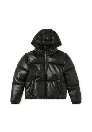 Giacca a vento nera con finitura in finta pelle lucida, cappuccio, zip frontale, polsini elasticizzati e due tasche laterali.