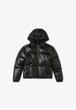 Czarna kurtka puchowa z błyszczącym wykończeniem, zapinana na zamek błyskawiczny, z kapturem, pikowanymi panelami oraz dwoma bocznymi kieszeniami. Lekka i ocieplana konstrukcja.
