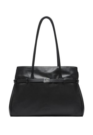 Czarna skórzana torba na ramię z podwójnymi uchwytami, srebrnym okuciem i gładką teksturą. Posiada poziomy pasek z detalem z zapięciem.