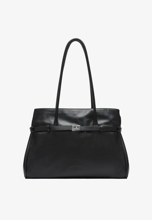 Czarna skórzana torba na ramię z podwójnymi uchwytami, srebrnym okuciem i gładką teksturą. Posiada poziomy pasek z detalem z zapięciem.