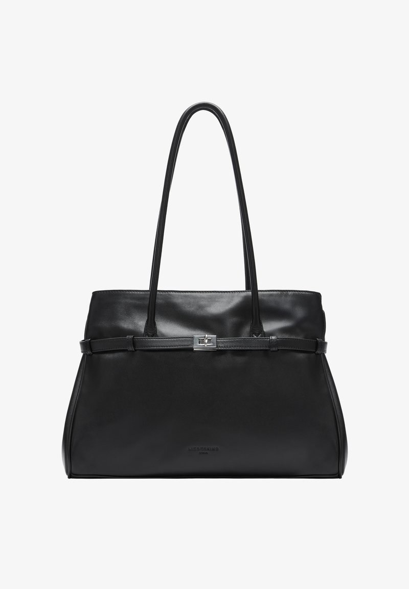 Czarna skórzana torba na ramię z podwójnymi uchwytami, srebrnym okuciem i gładką teksturą. Posiada poziomy pasek z detalem z zapięciem.