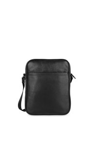 Borsa in pelle nera con una texture liscia, forma rettangolare, zip superiore e tracolla regolabile. Presenta una tasca anteriore a sacchetto per riporre oggetti.