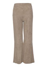 Beige ausgestellte Hose aus weichem, wildlederähnlichem Material mit glatter Textur und tailliertem Bund. Merkmale ein nahtloses Design und weite Beine.