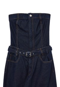 Abito senza spalline in denim blu scuro, con un corpetto aderente, una cintura larga con una fibbia argentata e cuciture arancioni. Due tasche laterali.