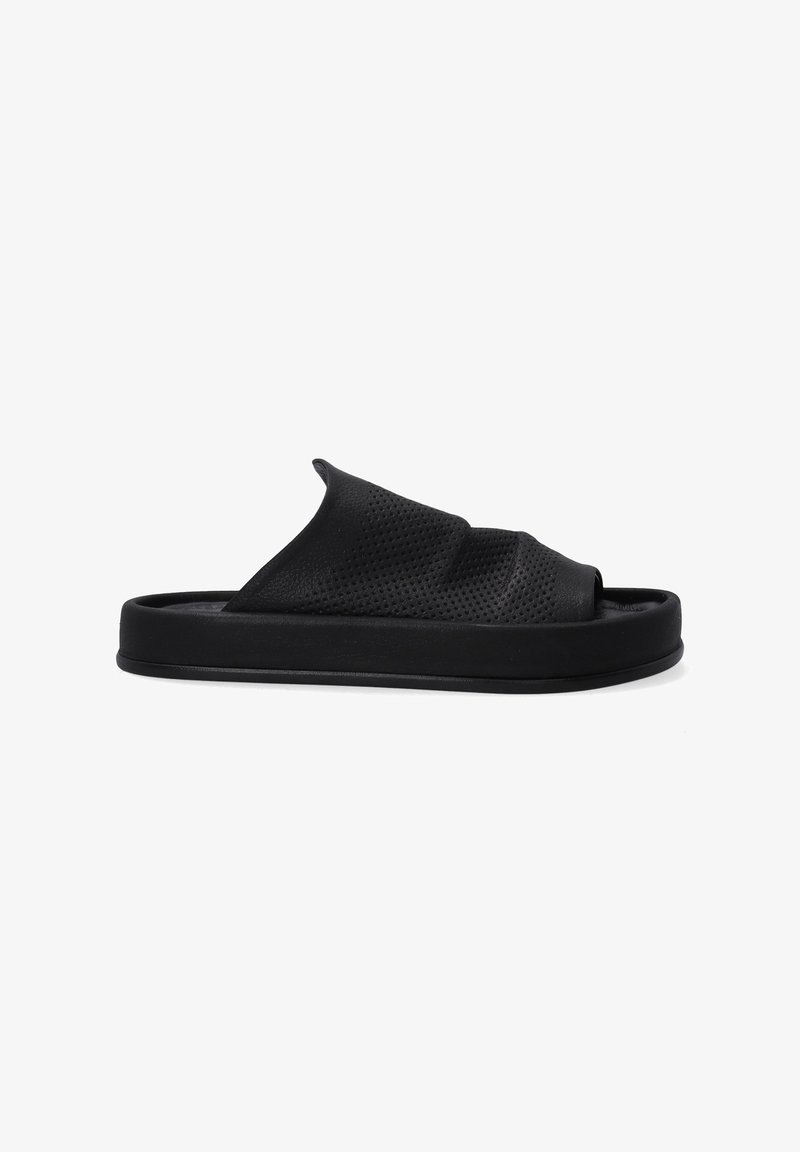 Black slide sandal with a textured, perforated upper, open toe design, and a thick, solid sole. Lightweight and casual construction.