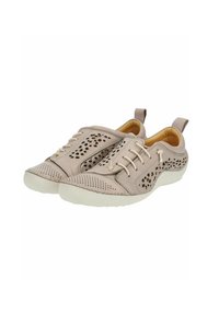 Lichtbeige leren schoenen met geperforeerd ontwerp, vetersluiting aan de voorkant en contrasterende witte rubberen zool. Voorzien van een aantrek lus achter voor gemakkelijk aan- en uittrekken.